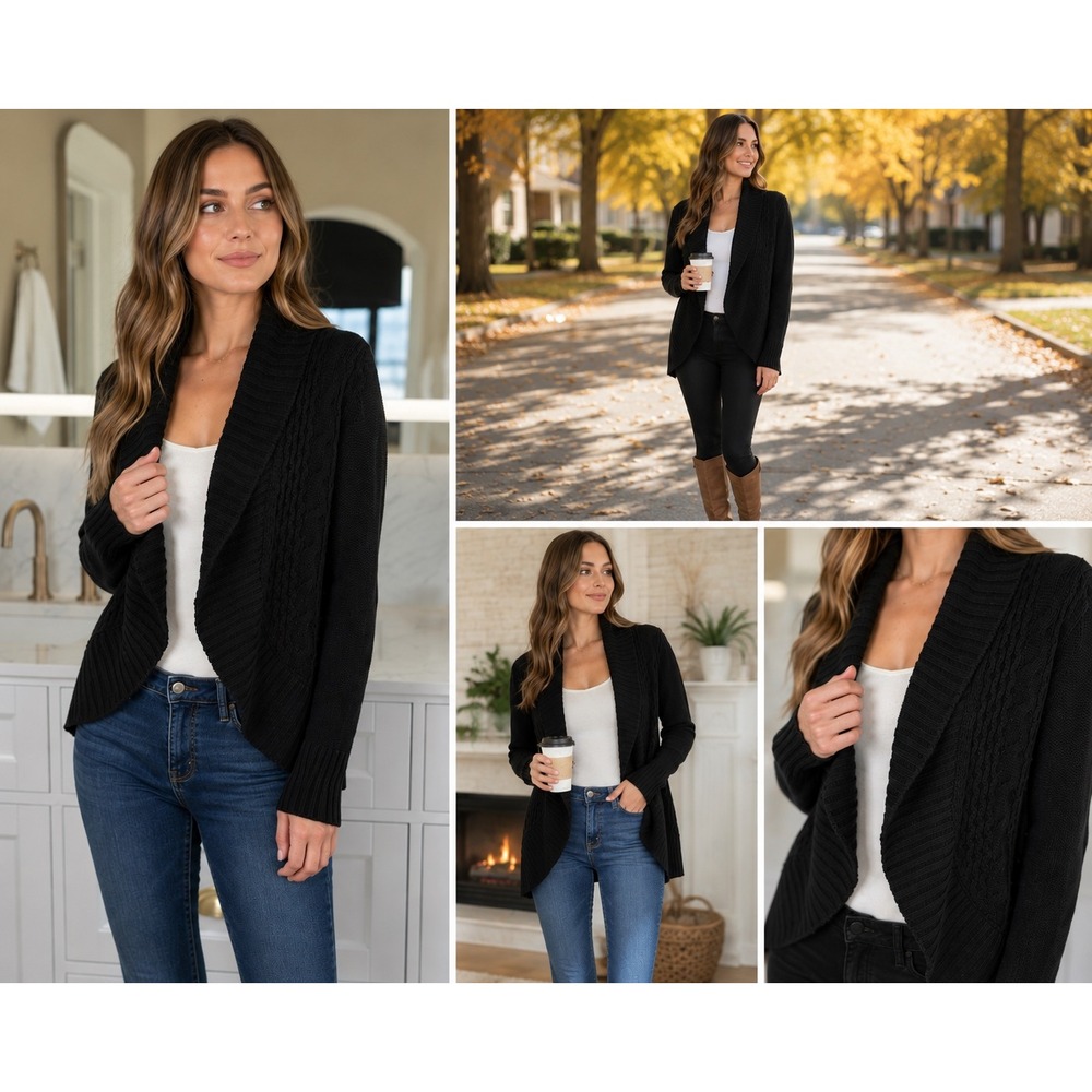 Faded Glory Cardigan Women L Black Acrylic Cable Knit Shawl Collar Open Front